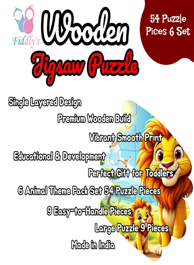 Fiddlys Single Layered Wooden Jigsaw Puzzle Games for Children & Kids -9 Pieces Age 2 3 4 5 6 Year Old Years Old Girls & Boys Animals Jigsaw Puzzle (Pack of 6 Wild Animal) - Image 3